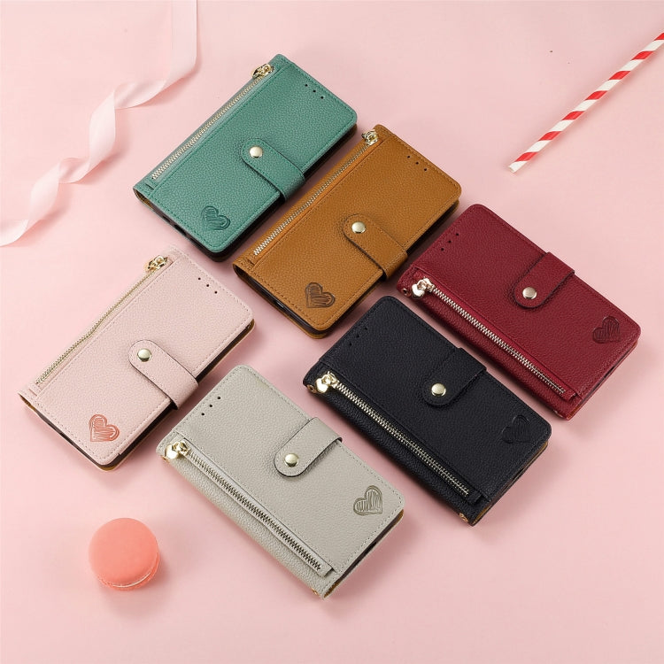 For iPhone 16e Love Zipper Lanyard Leather Phone Case(Pink)