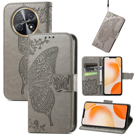 For Huawei Nova Y91 Butterfly Love Flower Embossed Leather Phone Case(Gray)
