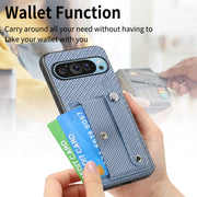 For Google Pixel 9 Pro Wristband Kickstand Card Wallet Back Cover Phone Case with Tool Knife(Blue)