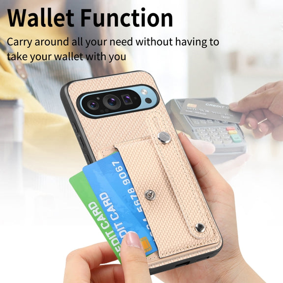 For Google Pixel 9 Pro Wristband Kickstand Card Wallet Back Cover Phone Case with Tool Knife(Khaki)