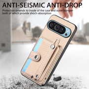 For Google Pixel 9 Pro Wristband Kickstand Card Wallet Back Cover Phone Case with Tool Knife(Khaki)