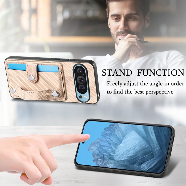 For Google Pixel 9 Pro Wristband Kickstand Card Wallet Back Cover Phone Case with Tool Knife(Khaki)