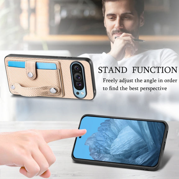 For Google Pixel 9 Pro Wristband Kickstand Card Wallet Back Cover Phone Case with Tool Knife(Khaki)