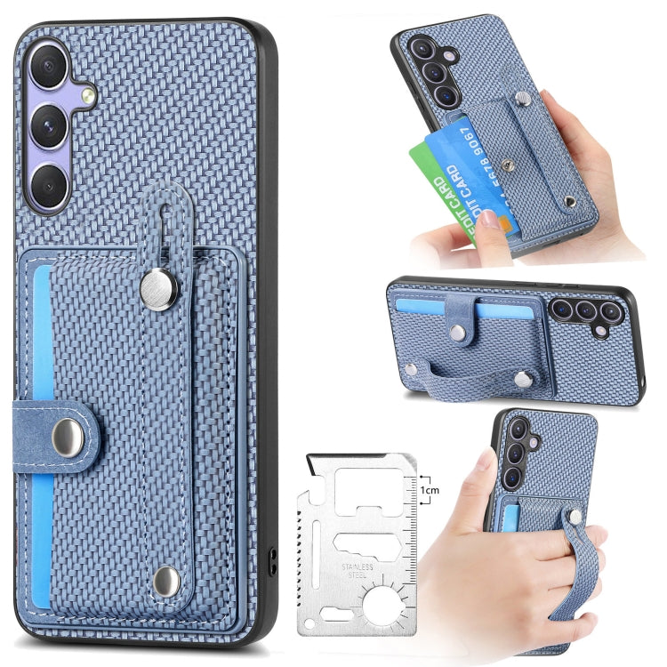 For Samsung Galaxy S25 Ultra 5G Wristband Kickstand Wallet Back Phone Case with Tool Knife(Blue)