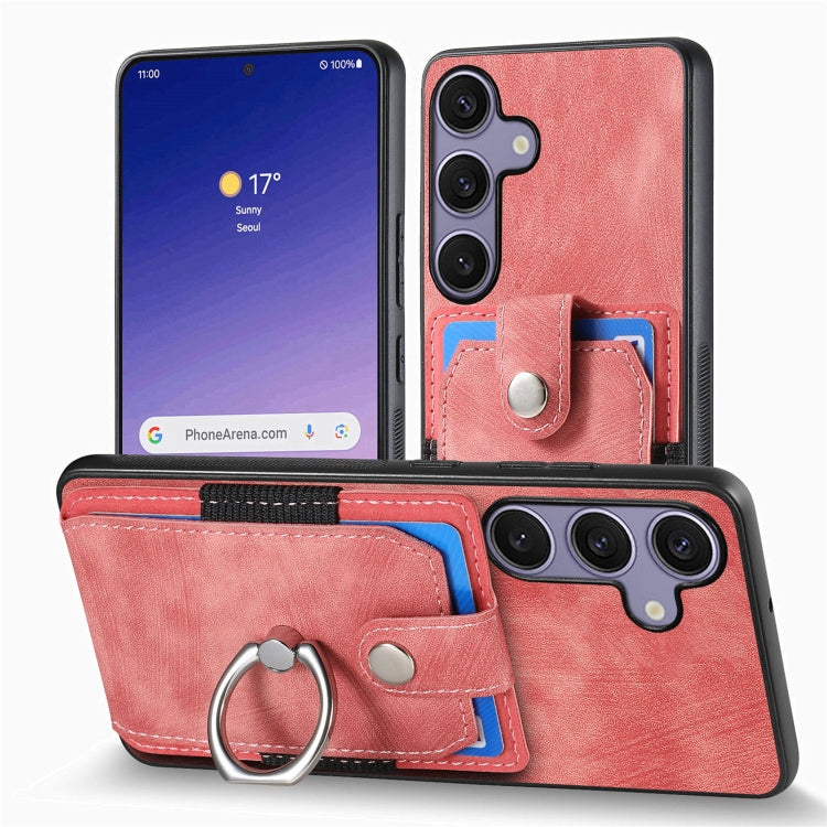 For Samsung Galaxy S25 5G Retro Skin-feel Ring Card Wallet Phone Case(Pink)