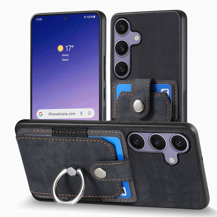 For Samsung Galaxy S25 Ultra 5G Retro Skin-feel Ring Card Wallet Phone Case(Black)