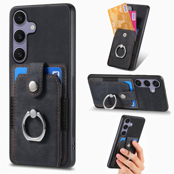 For Samsung Galaxy S25 Ultra 5G Retro Skin-feel Ring Card Wallet Phone Case(Black)