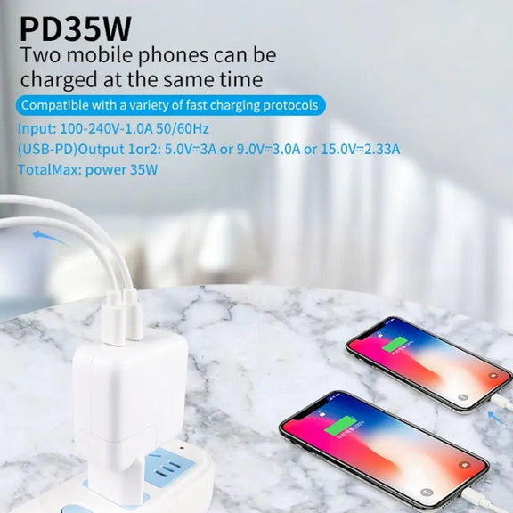 35W PD3.0 USB-C / Type-C Dual Port Charger with 1m Type-C to 8 Pin Data Cable, US Plug