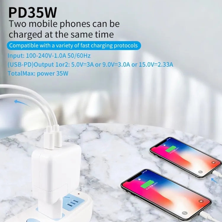 35W PD3.0 USB-C / Type-C Dual Port Charger with 2m Type-C to Type-C Data Cable, US Plug