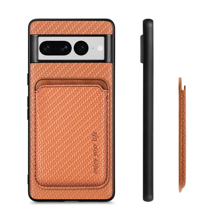 For Google Pixel 7 Pro Carbon Fiber Leather Card Magsafe Phone Case(Brown)