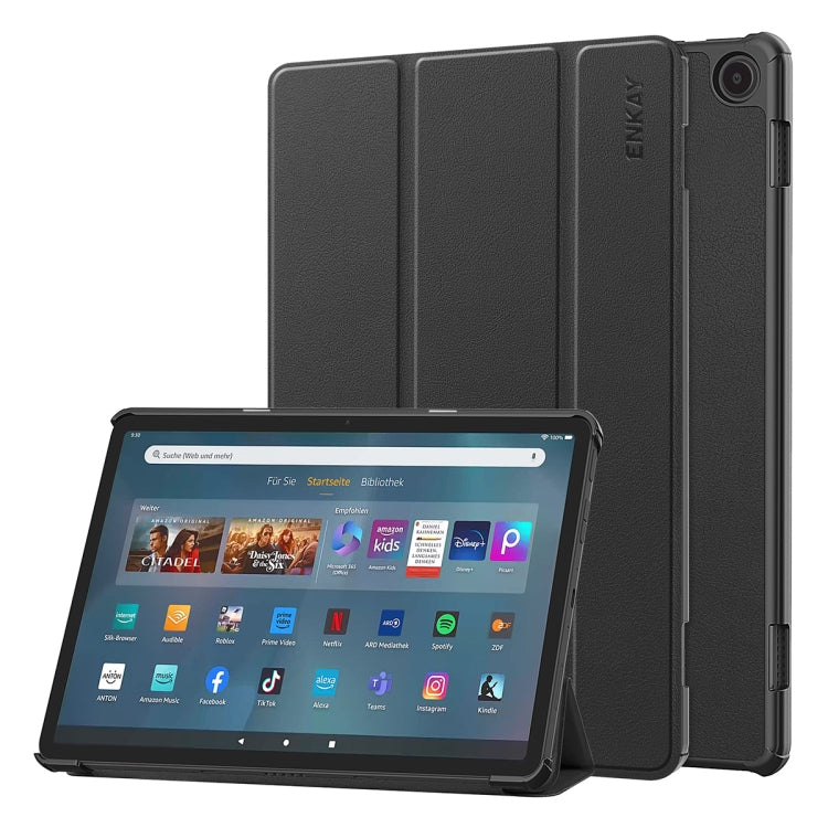 For Amazon Fire Max 11 ENKAY Tri-fold Custer Texture Leather Smart Tablet Case(Black)