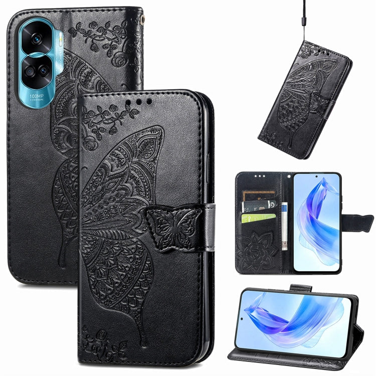 For Honor 90 Lite Butterfly Love Flower Embossed Leather Phone Case(Black)