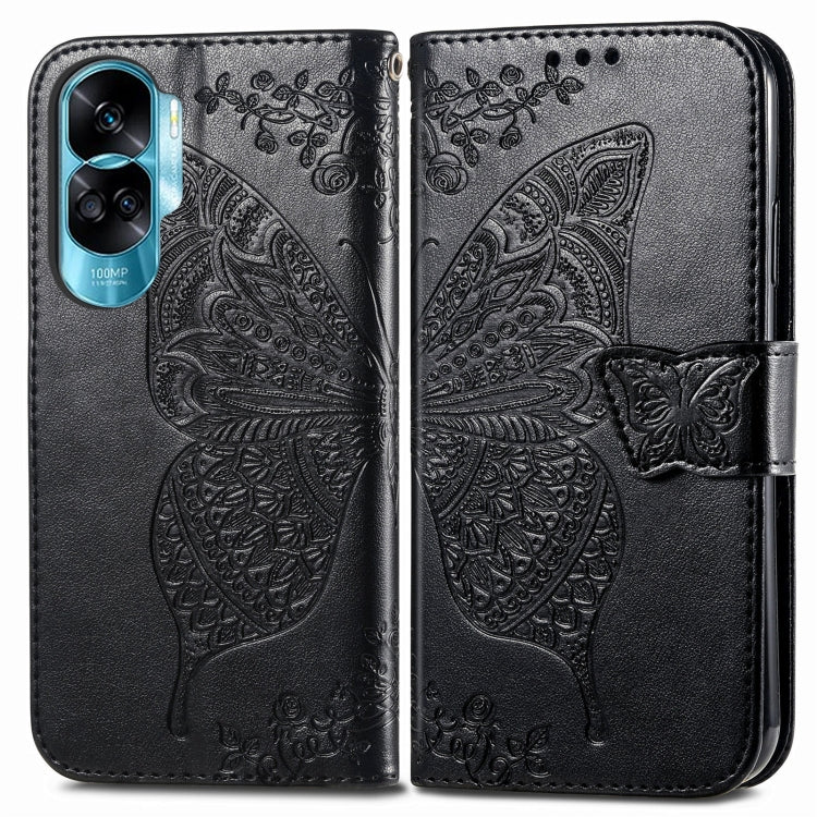 For Honor 90 Lite Butterfly Love Flower Embossed Leather Phone Case(Black)