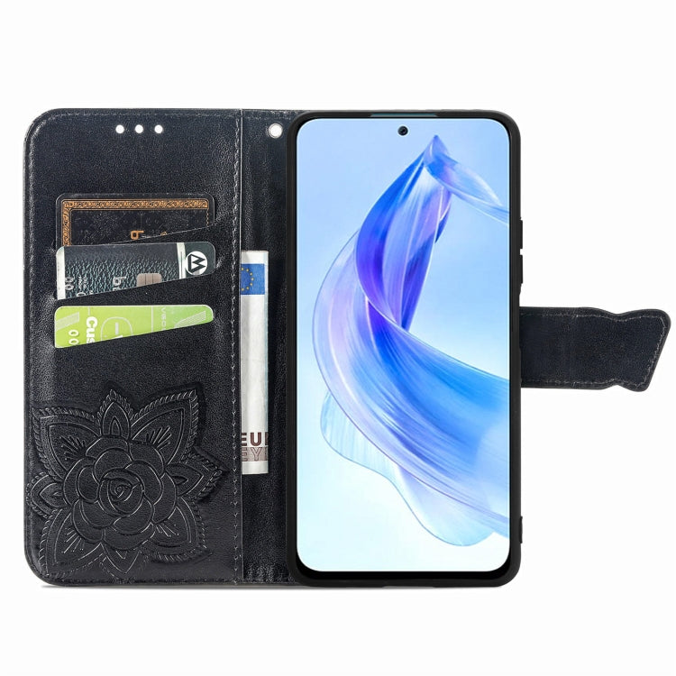 For Honor 90 Lite Butterfly Love Flower Embossed Leather Phone Case(Black)