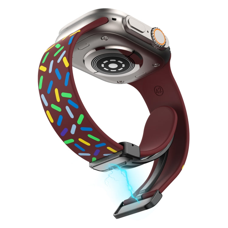 For Apple Watch 3 42mm Rainbow Dots Silicone Magnetic Black Buckle Watch Band(Wine)