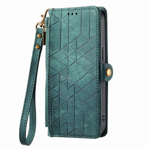 For iPhone 14 Pro Geometric Zipper Wallet Side Buckle Leather Phone Case(Green)
