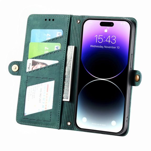 For iPhone 14 Pro Geometric Zipper Wallet Side Buckle Leather Phone Case(Green)