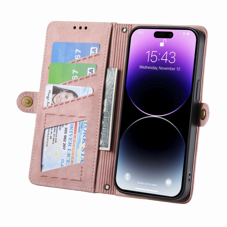For iPhone 14 Plus Geometric Zipper Wallet Side Buckle Leather Phone Case(Pink)