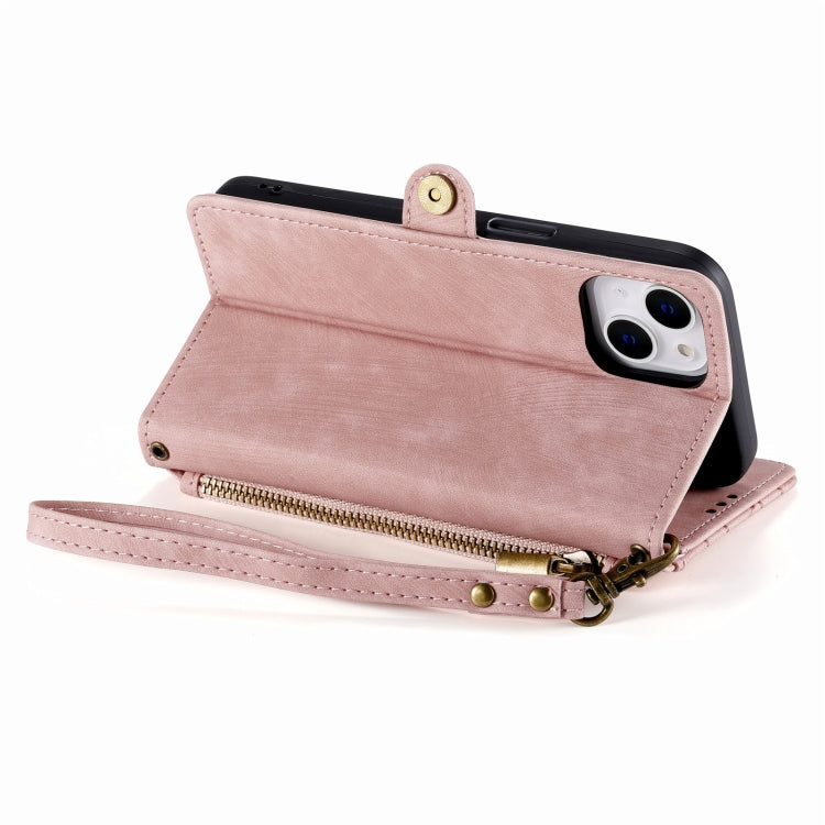 For iPhone 14 Plus Geometric Zipper Wallet Side Buckle Leather Phone Case(Pink)