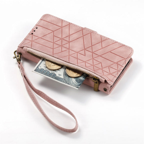 For iPhone 14 Plus Geometric Zipper Wallet Side Buckle Leather Phone Case(Pink)