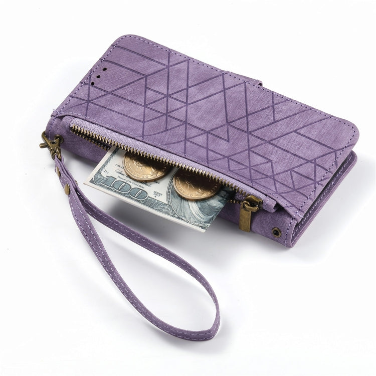 For iPhone 14 Pro Max Geometric Zipper Wallet Side Buckle Leather Phone Case(Purple)