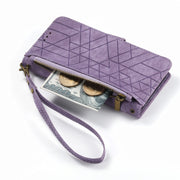 For iPhone 14 Pro Max Geometric Zipper Wallet Side Buckle Leather Phone Case(Purple)