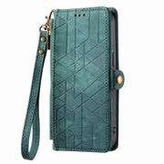 For iPhone 14 Pro Max Geometric Zipper Wallet Side Buckle Leather Phone Case(Green)