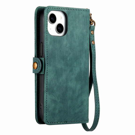For iPhone 14 Pro Max Geometric Zipper Wallet Side Buckle Leather Phone Case(Green)