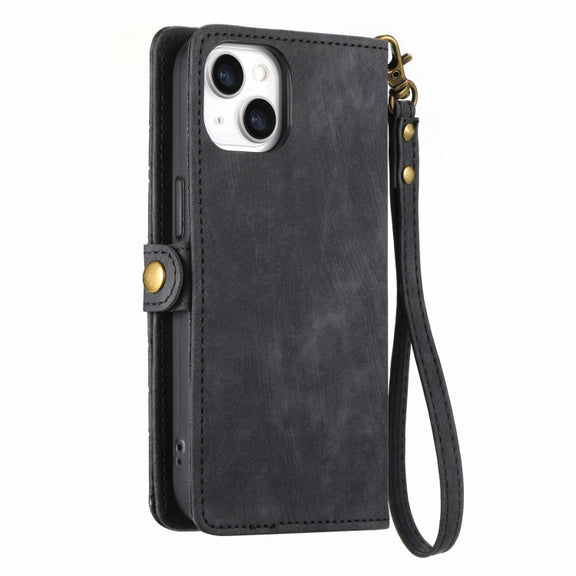 For iPhone 13 Geometric Zipper Wallet Side Buckle Leather Phone Case(Black)
