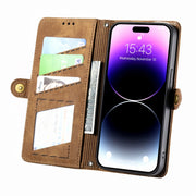 For iPhone 13 Pro Geometric Zipper Wallet Side Buckle Leather Phone Case(Brown)