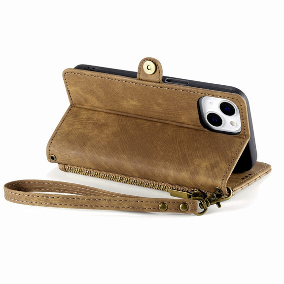 For iPhone 13 Pro Geometric Zipper Wallet Side Buckle Leather Phone Case(Brown)