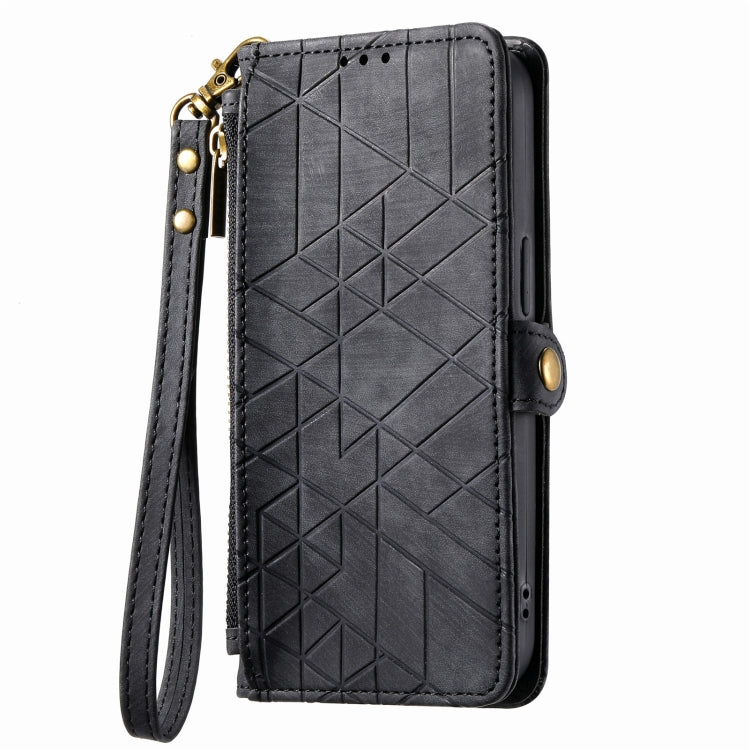 For iPhone 13 Pro Geometric Zipper Wallet Side Buckle Leather Phone Case(Black)