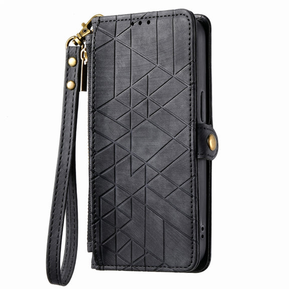 For iPhone 13 Pro Max Geometric Zipper Wallet Side Buckle Leather Phone Case(Black)