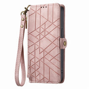 For iPhone 13 Pro Max Geometric Zipper Wallet Side Buckle Leather Phone Case(Pink)