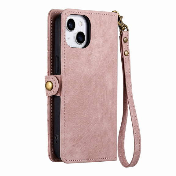 For iPhone 13 Pro Max Geometric Zipper Wallet Side Buckle Leather Phone Case(Pink)