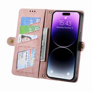 For iPhone 13 Pro Max Geometric Zipper Wallet Side Buckle Leather Phone Case(Pink)