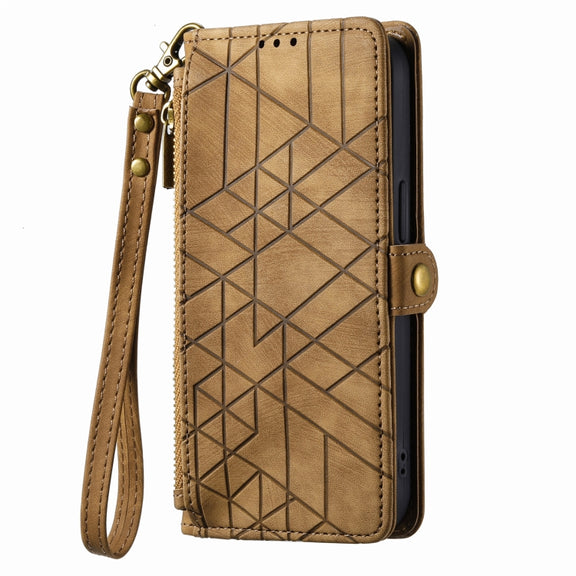 For iPhone 12 Pro Max Geometric Zipper Wallet Side Buckle Leather Phone Case(Brown)