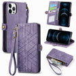 For iPhone 12 Pro Max Geometric Zipper Wallet Side Buckle Leather Phone Case(Purple) - free shipping - PMC TechLife - Order now!