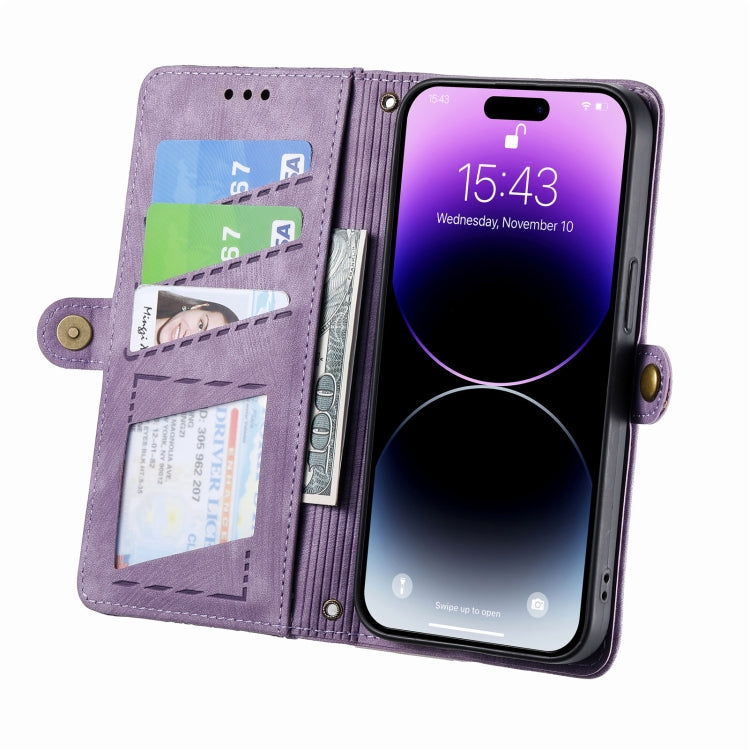 For iPhone 12 Pro Max Geometric Zipper Wallet Side Buckle Leather Phone Case(Purple)
