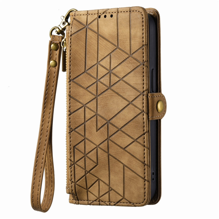 For iPhone 11 Pro Max Geometric Zipper Wallet Side Buckle Leather Phone Case(Brown)