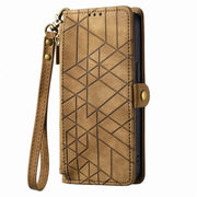 For iPhone 11 Pro Max Geometric Zipper Wallet Side Buckle Leather Phone Case(Brown)
