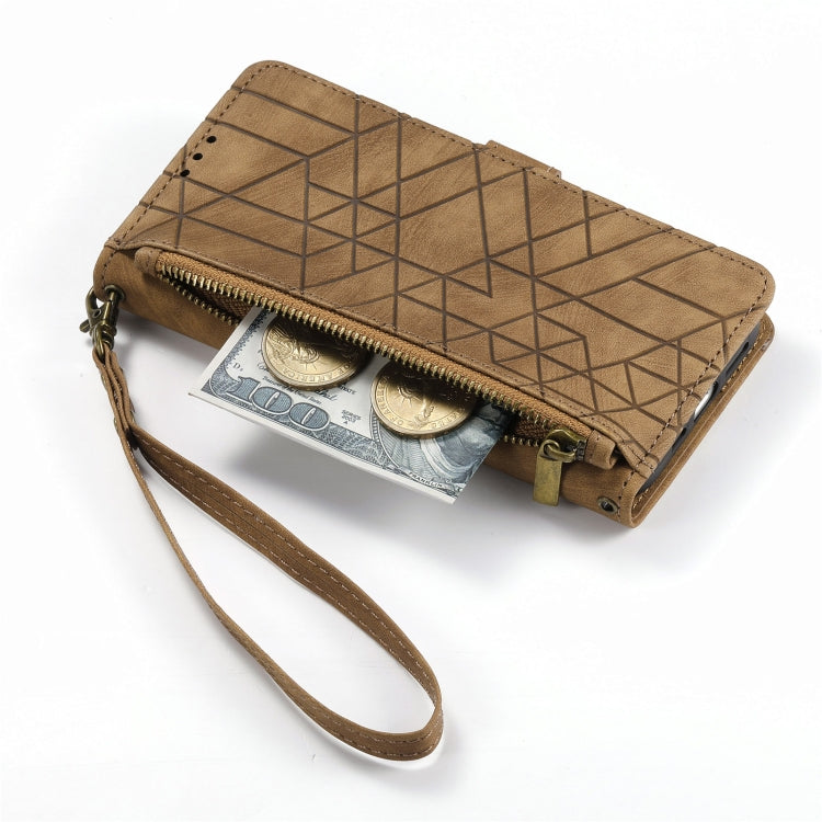 For iPhone 11 Pro Max Geometric Zipper Wallet Side Buckle Leather Phone Case(Brown)