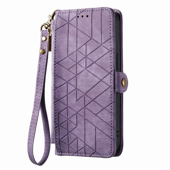 For iPhone 11 Pro Max Geometric Zipper Wallet Side Buckle Leather Phone Case(Purple)
