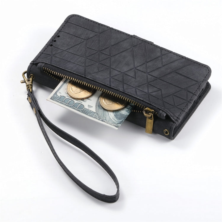 For iPhone X / XS Geometric Zipper Wallet Side Buckle Leather Phone Case(Black)