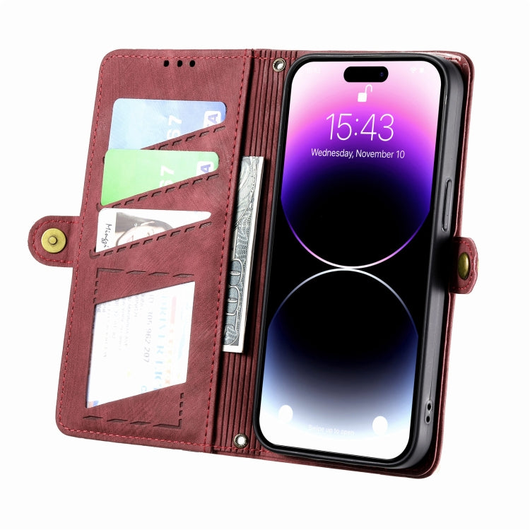 For iPhone 7 / 8 / SE 2022 Geometric Zipper Wallet Side Buckle Leather Phone Case(Red)