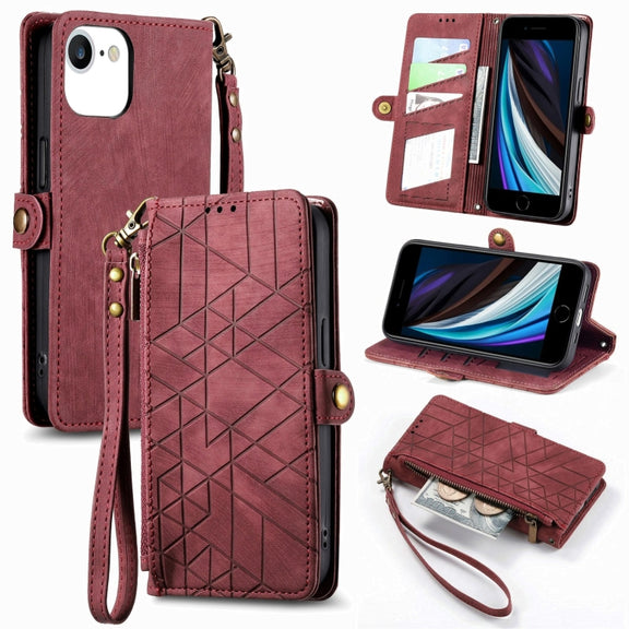 For iPhone 7 / 8 / SE 2022 Geometric Zipper Wallet Side Buckle Leather Phone Case(Red)