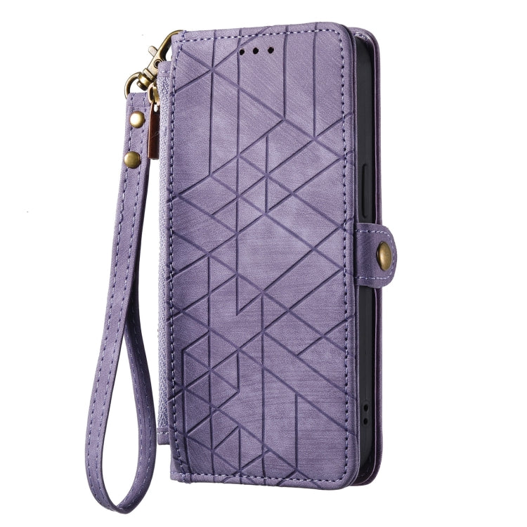 For iPhone 15 Pro Geometric Zipper Wallet Side Buckle Leather Phone Case(Purple)