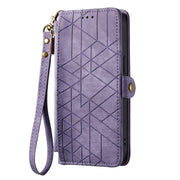 For iPhone 15 Pro Geometric Zipper Wallet Side Buckle Leather Phone Case(Purple)