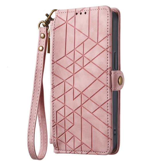 For iPhone 15 Pro Max Geometric Zipper Wallet Side Buckle Leather Phone Case(Pink)