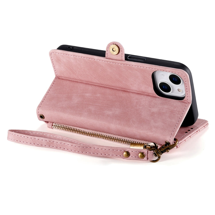 For iPhone 15 Pro Max Geometric Zipper Wallet Side Buckle Leather Phone Case(Pink)